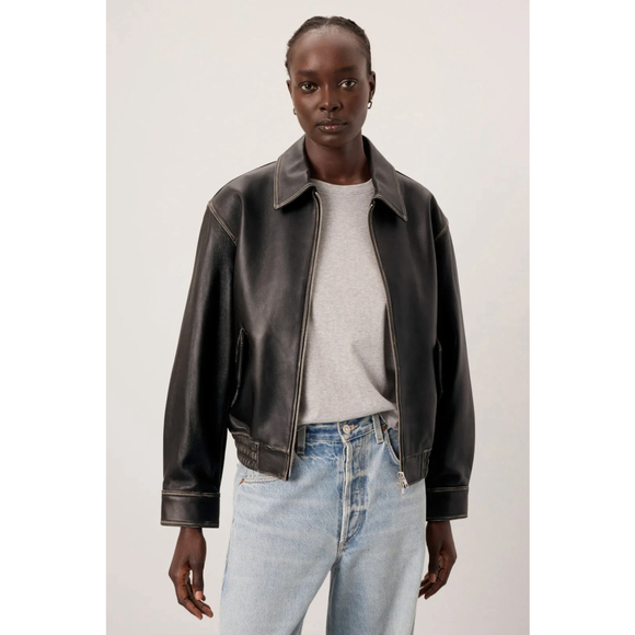 DUNST Blouson Lamb Leather Bomber Jacket Black Brushed Women's $600 - Size L - Picture 3 of 13